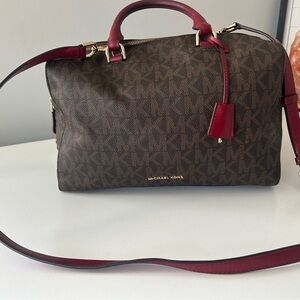 Michael Kors Red and Brown Satchel with Signature Monogram